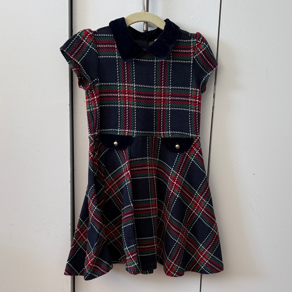 Janie and Jack Red and Green Plaid Dress with Navy Velvet Collar